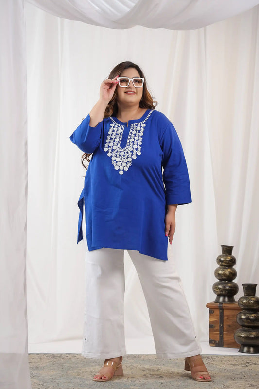 Blue Embroidery Plus Size Short Kurti