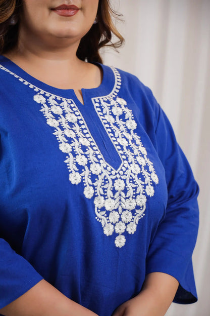 Blue Embroidery Plus Size Short Kurti