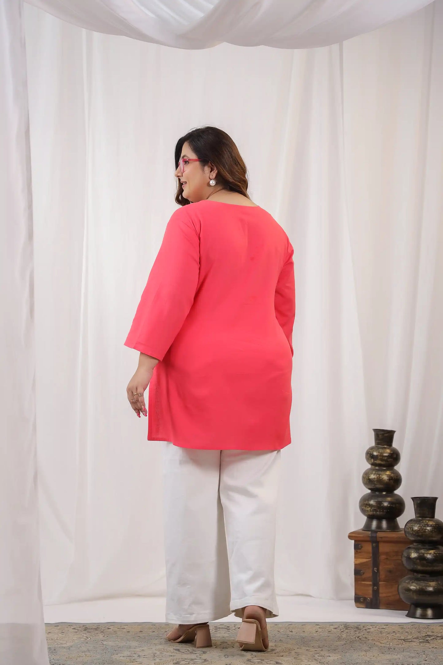 Pink Embroidery Plus Size Short Kurti