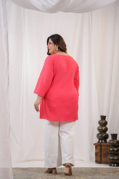 Pink Embroidery Plus Size Short Kurti