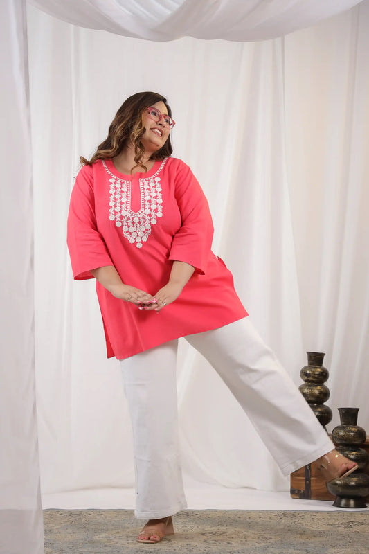 Pink Embroidery Plus Size Short Kurti