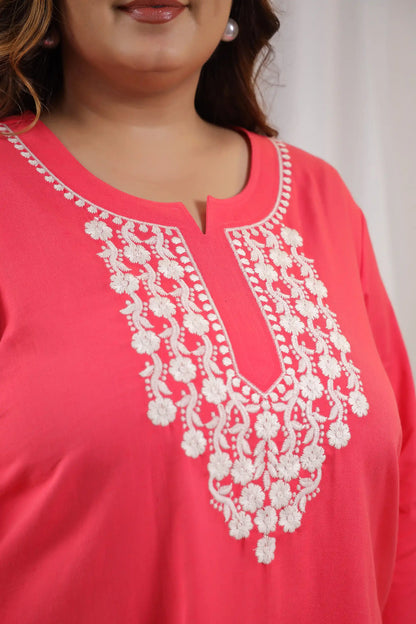 Pink Embroidery Plus Size Short Kurti