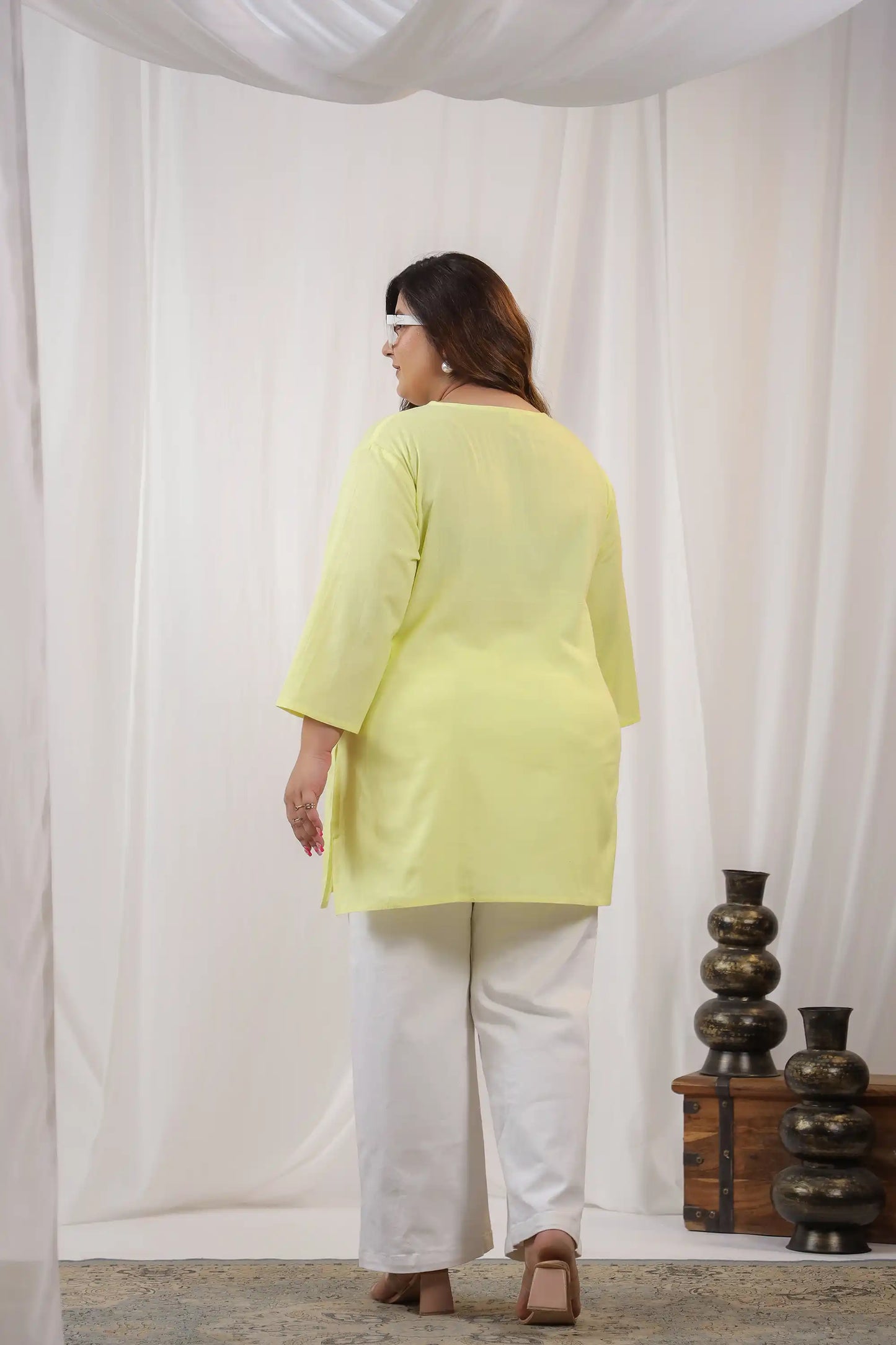 Lemon Yellow Embroidery Plus Size Short Kurti