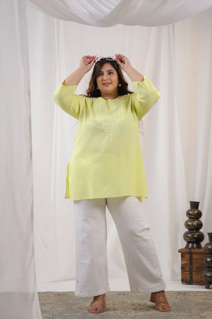 Lemon Yellow Embroidery Plus Size Short Kurti