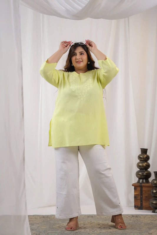 Lemon Yellow Embroidery Plus Size Short Kurti