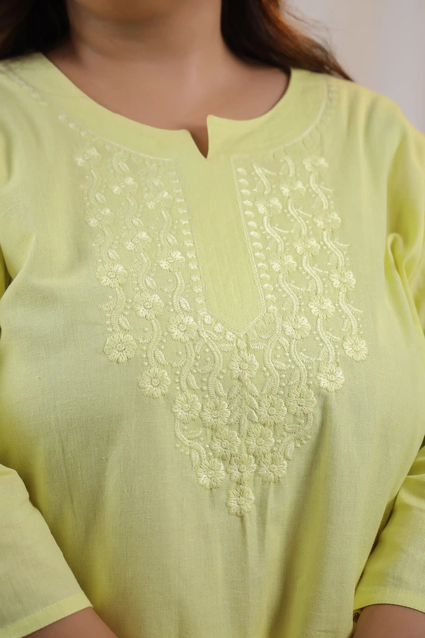 Lemon Yellow Embroidery Plus Size Short Kurti