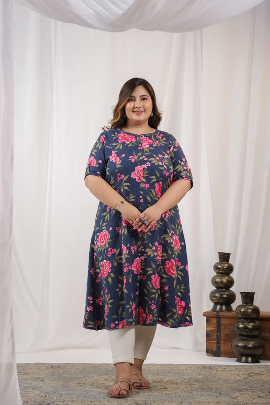 Dark Blue Floral Plus Kurti