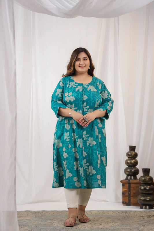 Sea Green Floral Plus Cotton Kurti