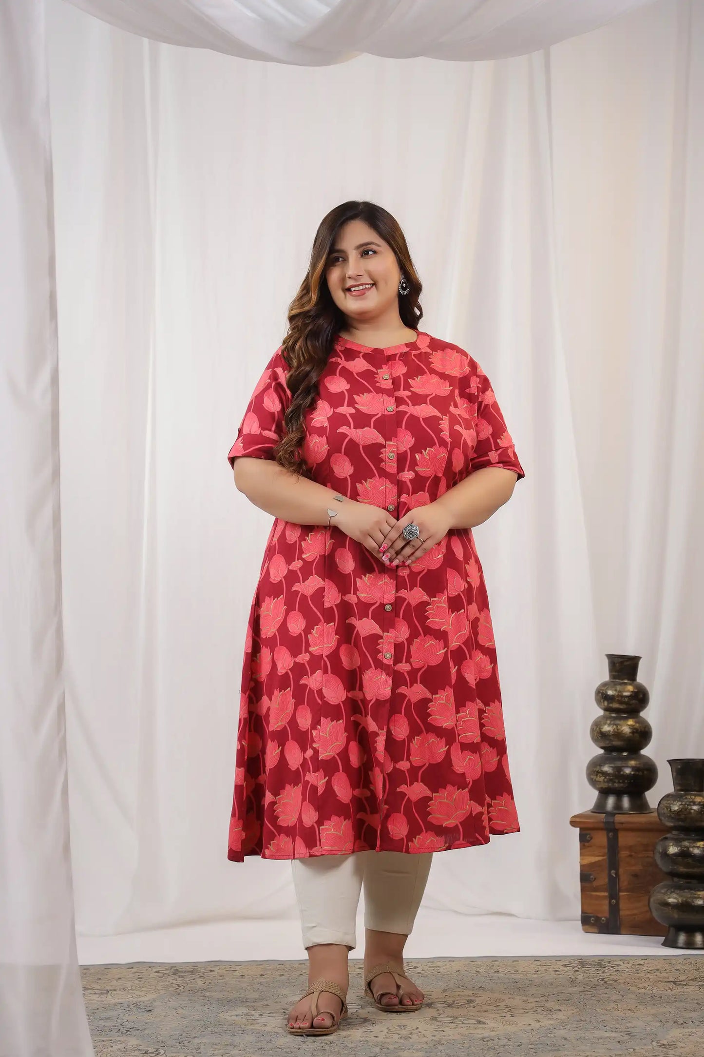 Maroon Floral Plus Cotton Kurti