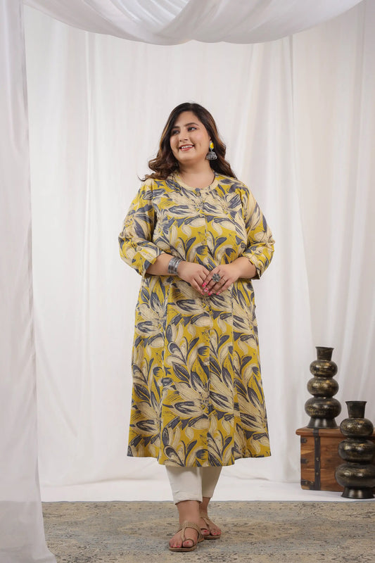 Yellow Grey Abstract Print Plus Cotton Kurti