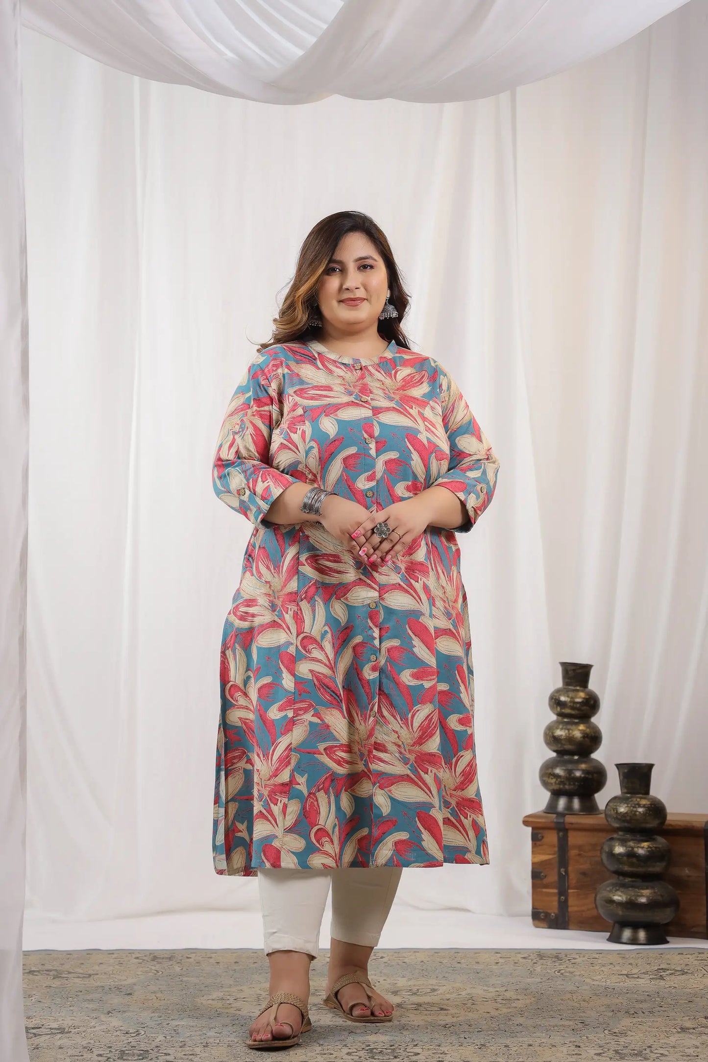 Pink Grey Abstract Print Plus Cotton Kurti