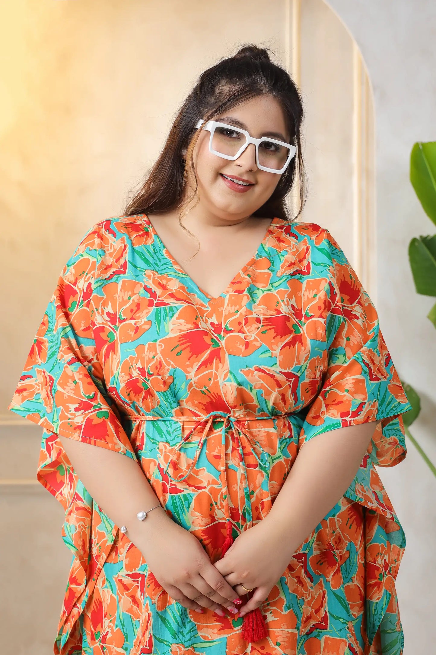 Mishka Orange Floral Plus Size Kaftan Dress