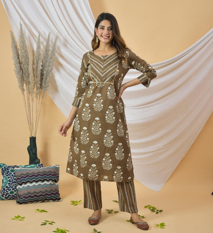 Brown Cotton Kurta Pant Set