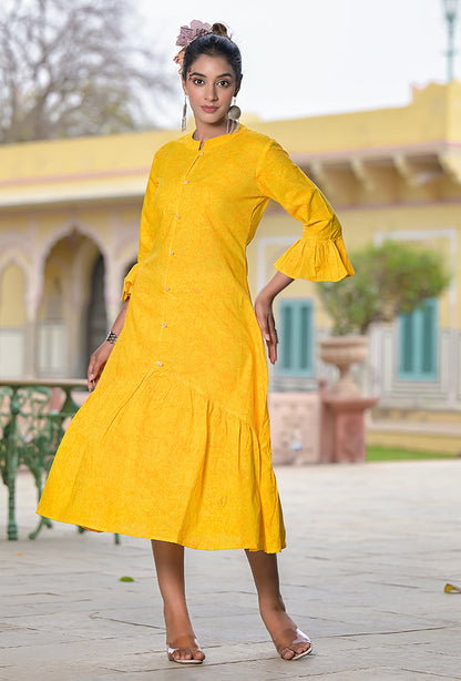 Yellow Taana Baana Dress With Flared Sleeves