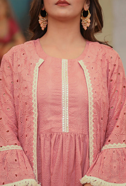 Pink Shifili Shrug Set With Flared Sleeves