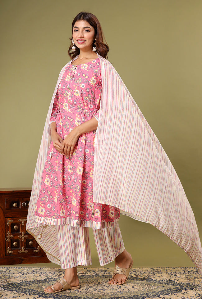 Pink Stripe Anarkali Set With Pockets