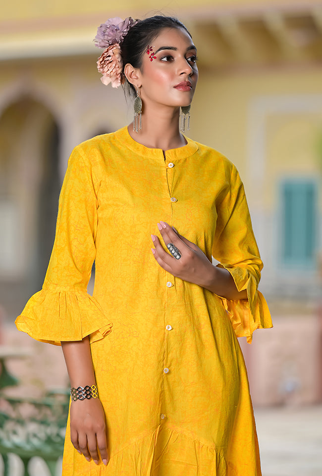 Yellow Taana Baana Dress With Flared Sleeves
