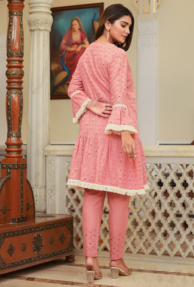 Pink Shifili Shrug Set With Flared Sleeves