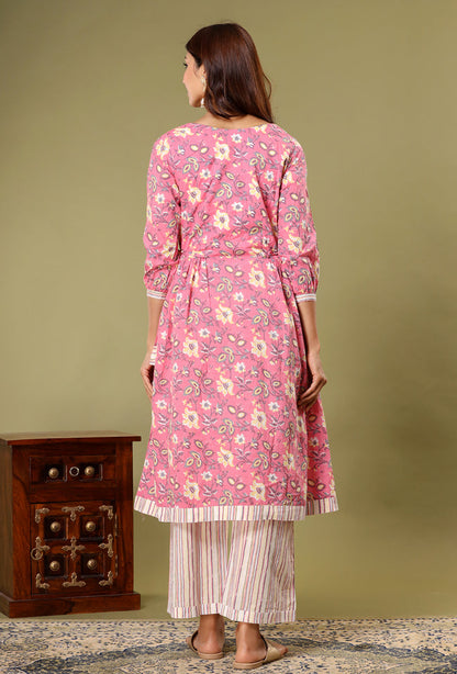 Pink Stripe Anarkali Set With Pockets